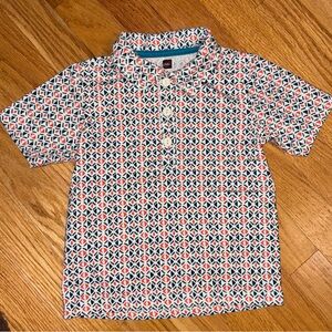 Tea Collection size 4 kids printed polo shirt in teal, orange, blue, white print